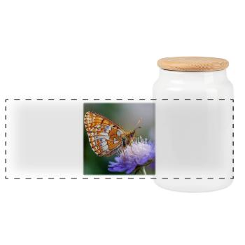 Mother-of-pearl butterfly on purple flower macro - Panoramic Cookie Jar with Wooden Lid - white - Front