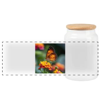 Goldener Schmetterling auf leuchtender Blüte - Panorama Keksdose mit Holzdeckel - Weiß - Vorne