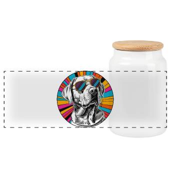 Sonnenbrillen-Dog im Farbkreis - Panorama Keksdose mit Holzdeckel - Weiß - Vorne
