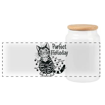Chat festif et guirlandes lumineuses - Boîte à biscuits avec couvercle en bois - blanc - Devant