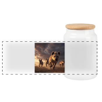 Hyenas Group Savannah Wildlife Design - Panoramic Cookie Jar with Wooden Lid - white - Front