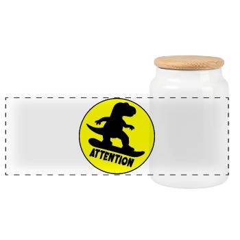 Attention Snowboarding Dinosaur - Panoramic Cookie Jar with Wooden Lid - white - Front