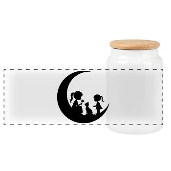 Mädchen Blume Katze auf dem Mond Silhouette - Panorama Keksdose mit Holzdeckel - Weiß - Vorne