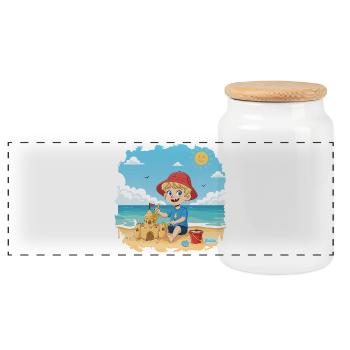 Bouno the little adventurer on the beach - Panoramic Cookie Jar with Wooden Lid - white - Front