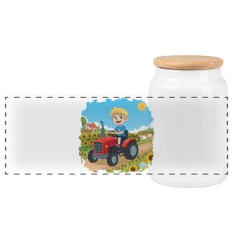Bouno der kleine Abenteurer auf dem Traktor - Panorama Keksdose mit Holzdeckel - Weiß - Vorne
