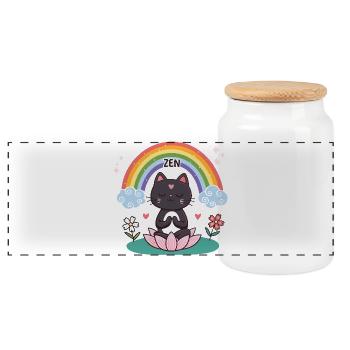 Zen Cat on Lotus and Rainbow - Panoramic Cookie Jar with Wooden Lid - white - Front