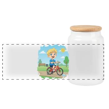 Bouno rides a bike - Little adventurer on the road - Panoramic Cookie Jar with Wooden Lid - white - Front