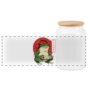 Retro Japanese Gamer Frog - Panoramic Cookie Jar with Wooden Lid - white - Front