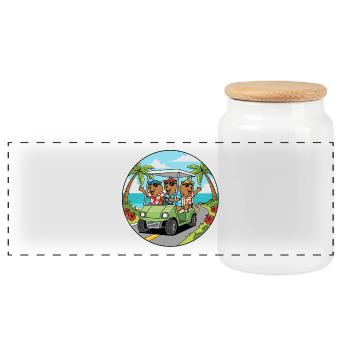Beach Vacation Golf Cart Capybara Art - Panoramic Cookie Jar with Wooden Lid - white - Front