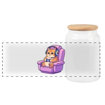 Cute Gamer Cat Headset Gaming Chair Art - Panoramic Cookie Jar with Wooden Lid - white - Front