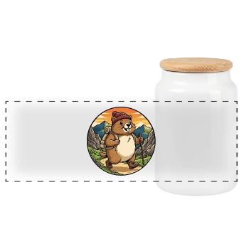 Happy Hiking Marmot Mountain Trail Art - Panoramic Cookie Jar with Wooden Lid - white - Front