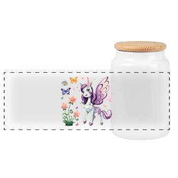 Purple Unicorn with Butterflies - Panoramic Cookie Jar with Wooden Lid - white - Front