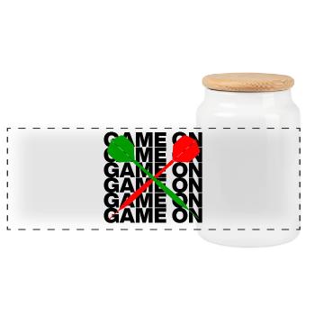 Game On: Dart Attack! ONEHUNDRETEIGHTY, 2 Pfeile - Panorama Keksdose mit Holzdeckel - Weiß - Vorne
