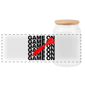 Game On: Dart Attack! ONEHUNDRETEIGHTY, Pfeil rot - Panorama Keksdose mit Holzdeckel - Weiß - Vorne