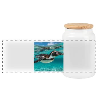 Penguin Under Water Turquoise Ocean Nature Design - Panoramic Cookie Jar with Wooden Lid - white - Front