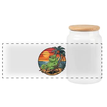 Funny Chameleon on Beach Summer Vacation Sunset - Panoramic Cookie Jar with Wooden Lid - white - Front
