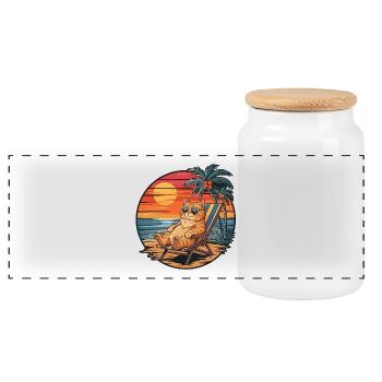 Lustige Katze am Strand, Sommerurlaub Sonnenuntergang - Panorama Keksdose mit Holzdeckel - Weiß - Vorne