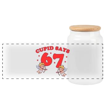 Cupid Says 67 – liebevolles Cupido-Design  - Panorama Keksdose mit Holzdeckel - Weiß - Vorne