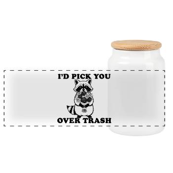 I'd Pick You Over Trash, Lustiger Waschbär - Panorama Keksdose mit Holzdeckel - Weiß - Vorne