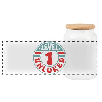 Level 1 Unlocked – Cooles Gamer Design - Panorama Keksdose mit Holzdeckel - Weiß - Vorne