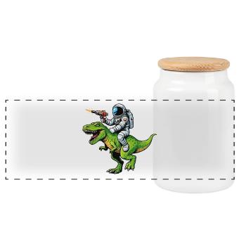 Astronaut on Dino: Laser Hunt - Panoramic Cookie Jar with Wooden Lid - white - Front