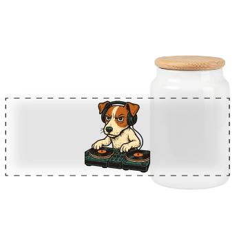 Jack Russell Terrier DJ Turntables Techno Gift - Panoramic Cookie Jar with Wooden Lid - white - Front