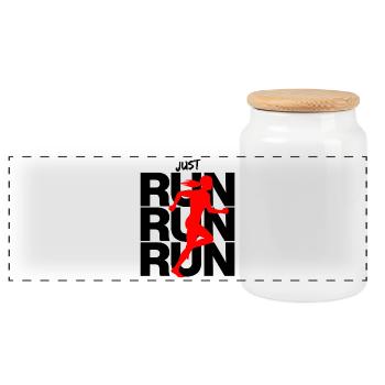 JOGGING WOMAN – RUN QUEEN! RUNNING, RUNNING, GO FOR IT - Panoramic Cookie Jar with Wooden Lid - white - Front