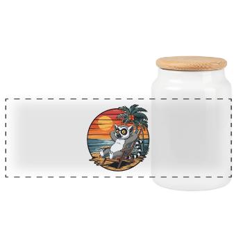 Funny Lemur on Beach Summer Vacation Sunset - Panoramic Cookie Jar with Wooden Lid - white - Front