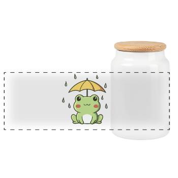 Cute Frog in the Rain – Kawaii Animal - Panoramic Cookie Jar with Wooden Lid - white - Front