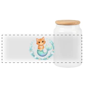 Kawaii Cats Mermaid – Cute Fantasy Design - Panoramic Cookie Jar with Wooden Lid - white - Front