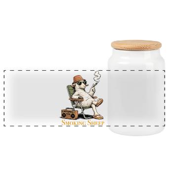 Chilling Sheep with Smoke and Boombox - Panoramic Cookie Jar with Wooden Lid - white - Front
