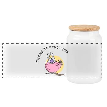 Pink Chicken Cartoon on Branch Dialect Chickens Saying - Panoramic Cookie Jar with Wooden Lid - white - Front