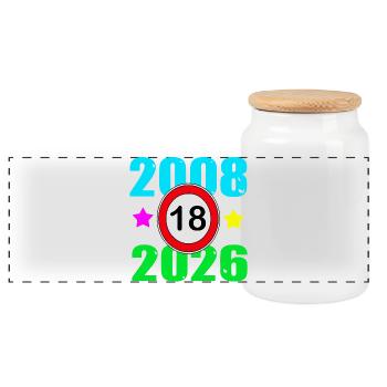 18. Geburtstag 2026 - Panorama Keksdose mit Holzdeckel - Weiß - Vorne