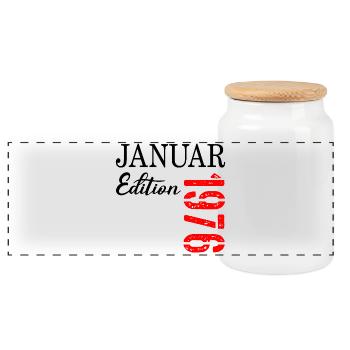51. Geburtstag Januar 1976 - Panorama Keksdose mit Holzdeckel - Weiß - Vorne