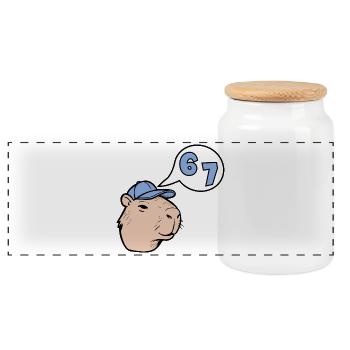 Capybara Six Seven - Answer 67 - Panoramic Cookie Jar with Wooden Lid - white - Front