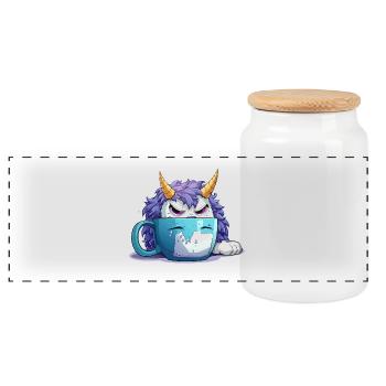 Grumpy monster in a coffee mug - Panoramic Cookie Jar with Wooden Lid - white - Front