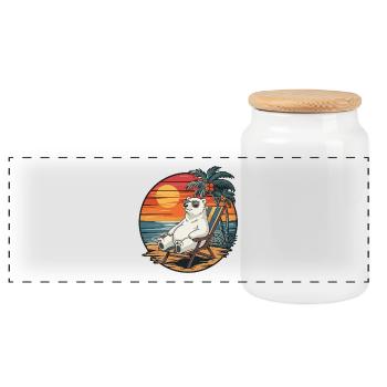 Funny Polar Bear on Beach Summer Vacation Sunset - Panoramic Cookie Jar with Wooden Lid - white - Front