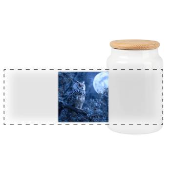 Snowy Owl Full Moon Night Magical Winter Night - Panoramic Cookie Jar with Wooden Lid - white - Front