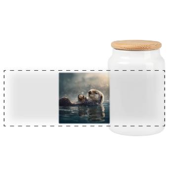 Cute Sea Otter: Relaxing on the Water - Panoramic Cookie Jar with Wooden Lid - white - Front