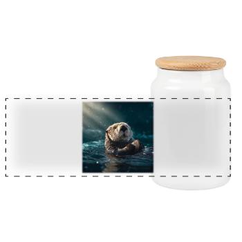 Sea Otter: Relaxing on the Water with a Shell - Panoramic Cookie Jar with Wooden Lid - white - Front