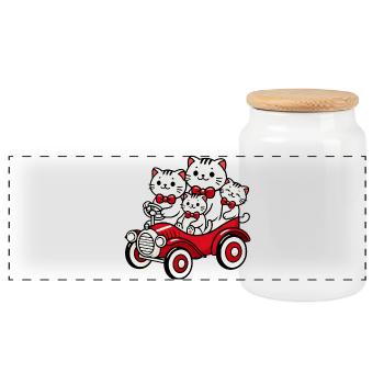 Cat Family in Vintage Red Car - Panoramic Cookie Jar with Wooden Lid - white - Front