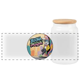 Joyeux Lapin de la rue de Pâques - Boîte à biscuits avec couvercle en bois - blanc - Devant