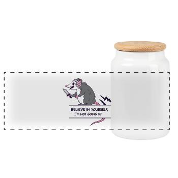 Anti Motivation Coach Opposum: Believe in yourself - Panoramic Cookie Jar with Wooden Lid - white - Front