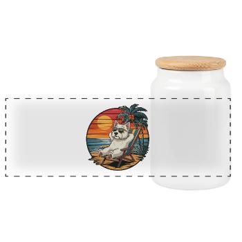 Lustiger Westie-Hund am Strand, Sommerurlaub Sonnenuntergang - Panorama Keksdose mit Holzdeckel - Weiß - Vorne