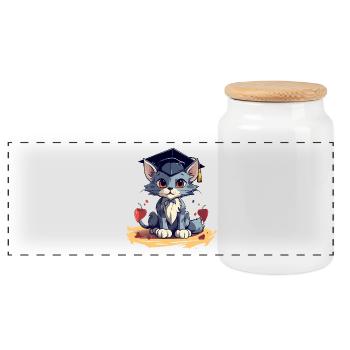 Graduation Cat with Graduation Cap - Panoramic Cookie Jar with Wooden Lid - white - Front