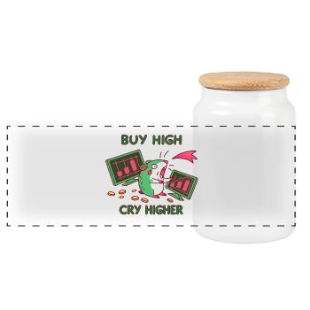 Buy High-Cry Higher: Investor, Crypto Stocks Meme - Panoramic Cookie Jar with Wooden Lid - white - Front