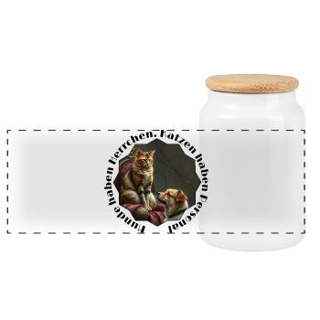 Cats Dog Friendship in Geometry Frame - Panoramic Cookie Jar with Wooden Lid - white - Front