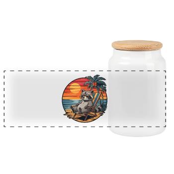 Funny Raccoon on Beach Summer Vacation Sunset - Panoramic Cookie Jar with Wooden Lid - white - Front