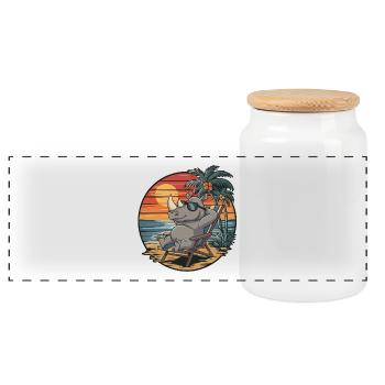 Drôle de rhinocéros sur la plage pendant le coucher de soleil des vacances d’été - Boîte à biscuits avec couvercle en bois - blanc - Devant