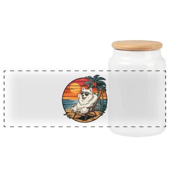 Funny Samoyed Dog on Beach Summer Vacation Sunset - Panoramic Cookie Jar with Wooden Lid - white - Front